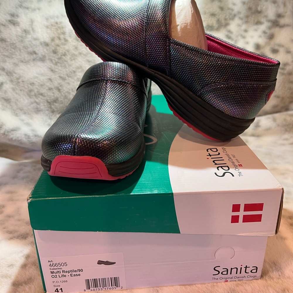 New in box Sanita  Proffesional Danish Clogs. Multi color reptile